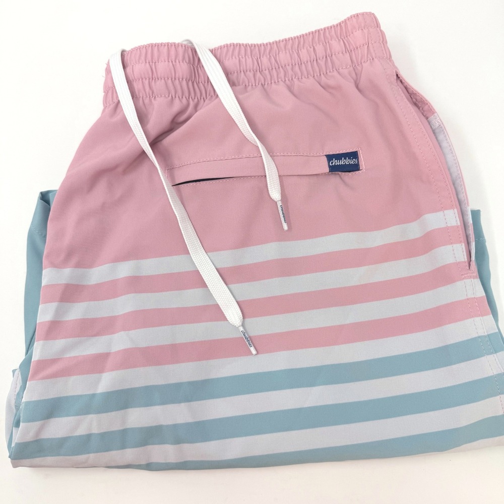 Chubbies Mens 2XL Pink Blue Striped 7 Inch Inseam Swim Trunks Board Shorts